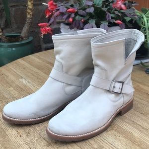 Frye Natalie Short Engineer Boot in cream nubuck leather.